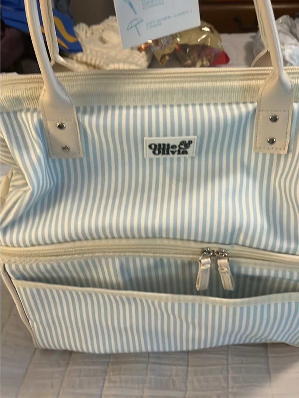 Striped Light Blue and Cream Tote Bag with Front Zip Pocket